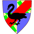Heraldic shield depicting a black swan over red stripe and coloured, patterned quarters.