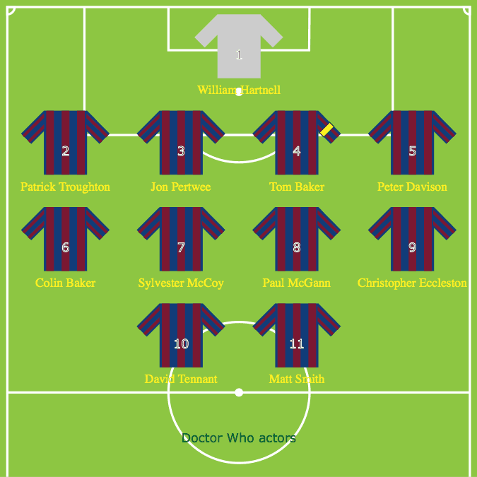 Graphic of a 4-4-2 football formation with blue and purple striped shirts.