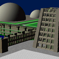 A view of a 3D virtual environment showing unfinished college buildings.