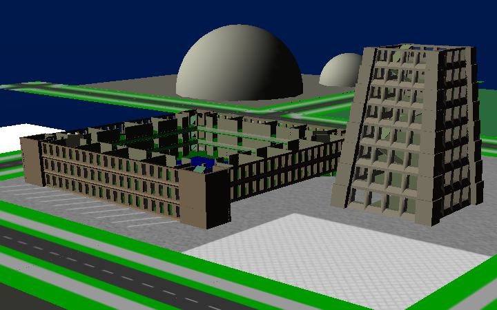 Screenshot of a virtual 3D environment showing unfinished buildings.