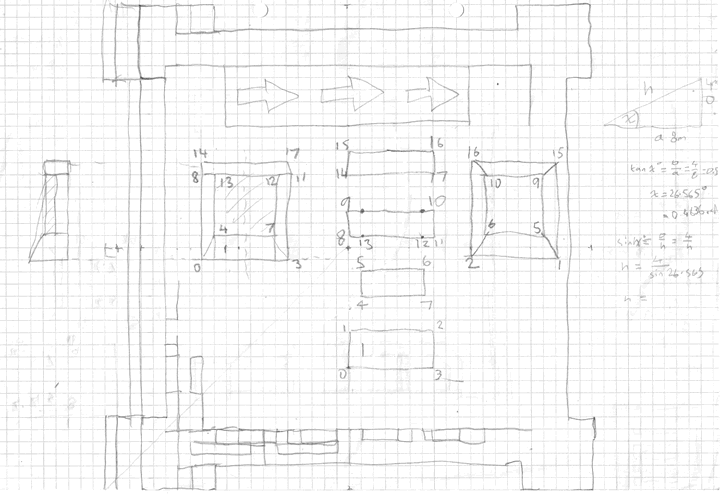 A set of building rough drafts on graph paper.
