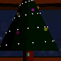 A section of Christmas tree with baubles and lights.