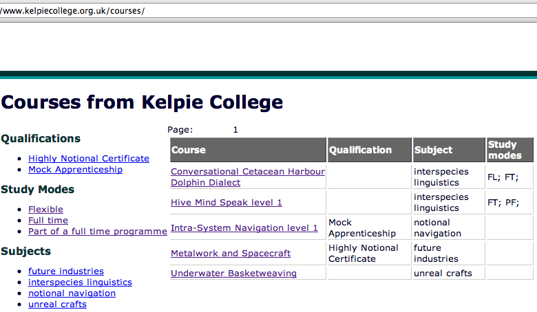 Screenshot of Courses from Kelpie College web page.
