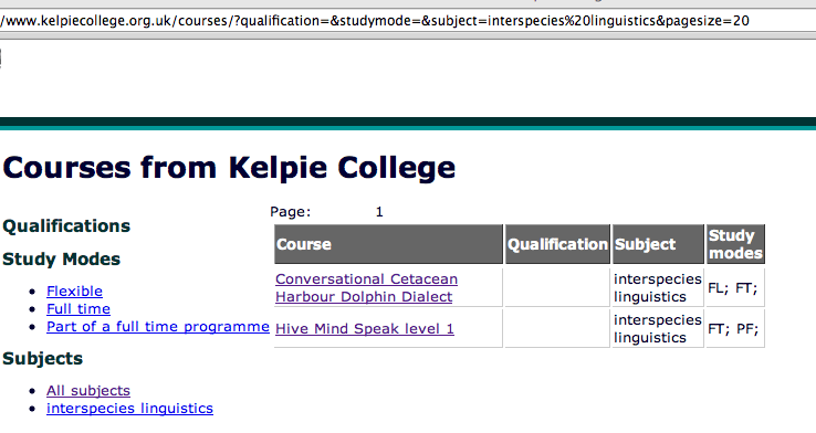 Screenshot of filtered course page from Kelpie College.