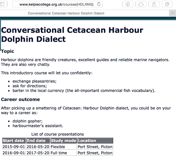 Screenshot of the Conversational Cetacean Harbour Dolphin Dialect course details page on Kelpie College website.